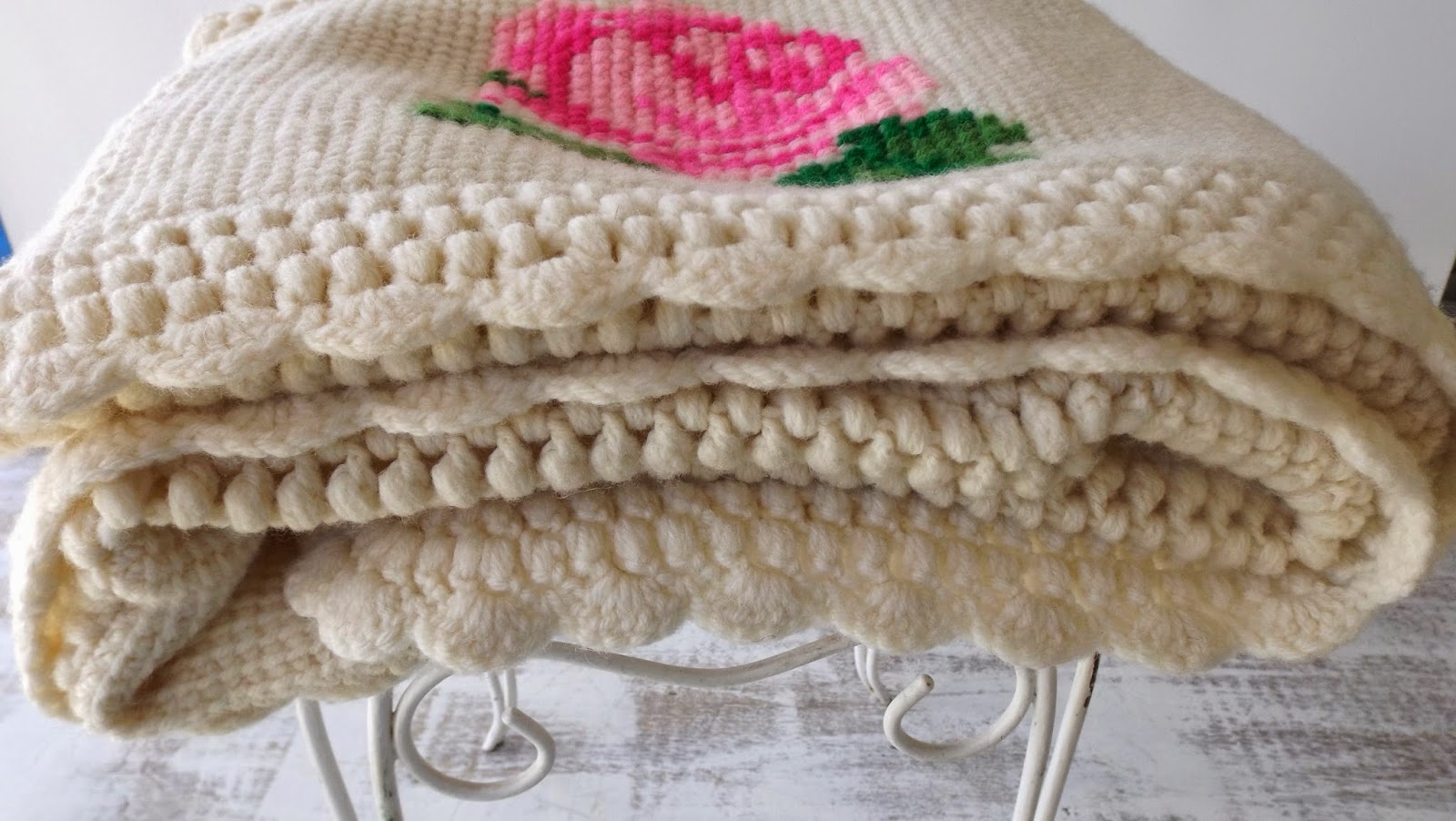 Still Stunning Vintage Resale Crochet Afghan with Embroidered Roses
