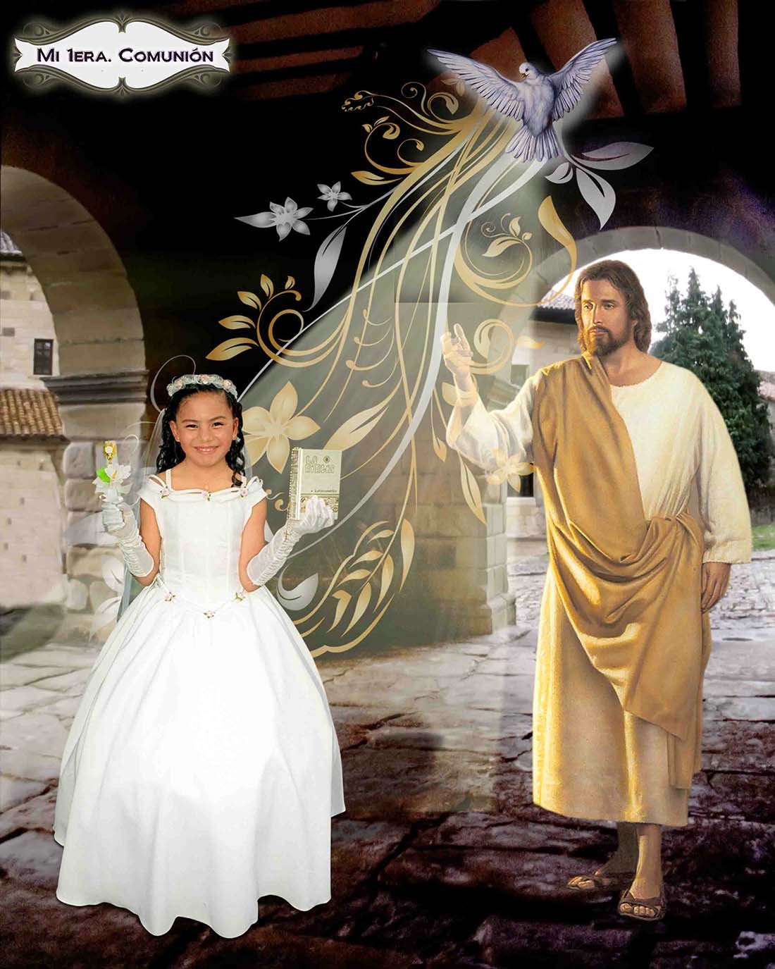 Fondo religioso para Primera Comunión con greca Plantillas para