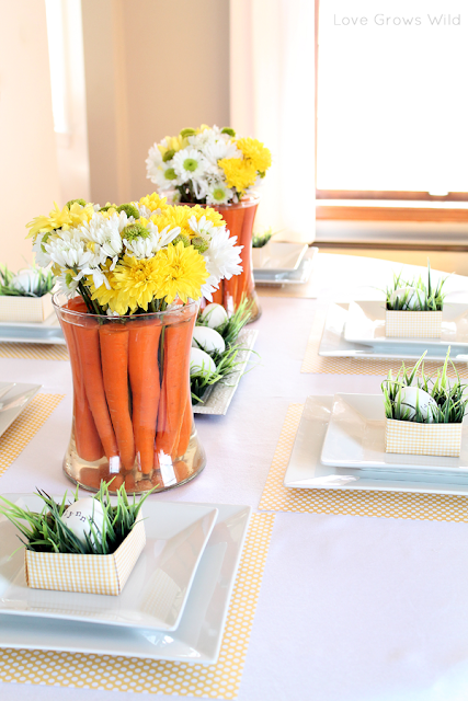 Spring-Inspired Easter Tablescape and Flower Centerpiece with Carrots www.lovegrowswild.com #spring #easter #decor