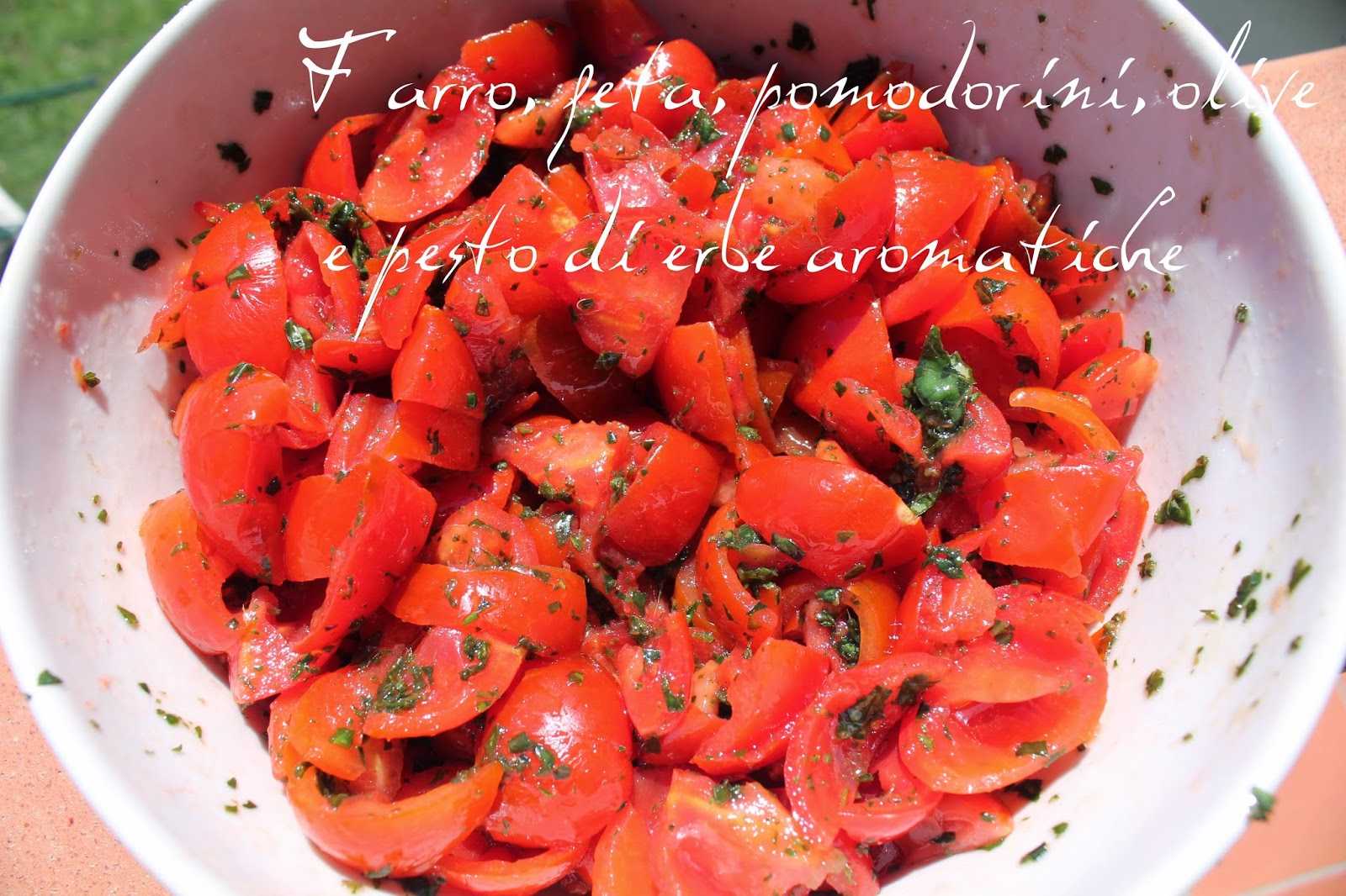 La cucina di zia Farro, pomodori Piccadilly, feta, olive Kalamata e pesto di erbe