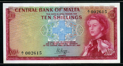 Malta currency 10 Shillings banknote Queen Elizabeth George Cross