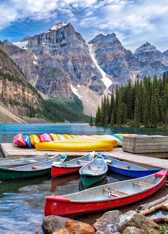 Colorful canoes on Moraine Lake