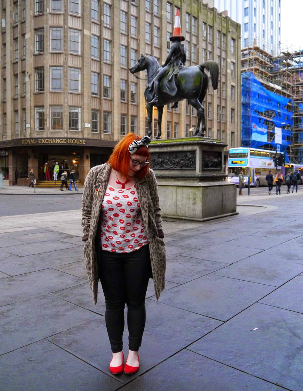 What Helen Wore: ASA Kewpie Party Karen Mabon Penguin Scarf, Hair Bow. Scottish Blogger, Glasgow, cat eye glasses, ginger hair, hair accessory, Monki lip print top, leopard print coat warehouse, black skinny jeans, red shoes, Lou Taylor Match Brooch, Tatty Devine Lobster Necklace