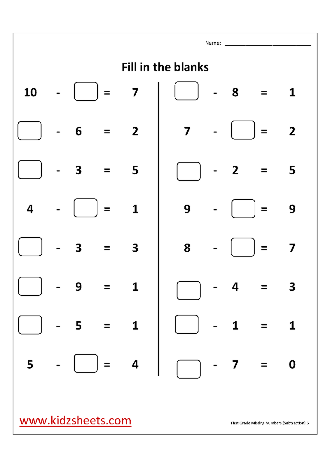 grade missing Subtraction addition number For Addition And First 1st  missing Grade worksheets kindergarten for  Worksheets