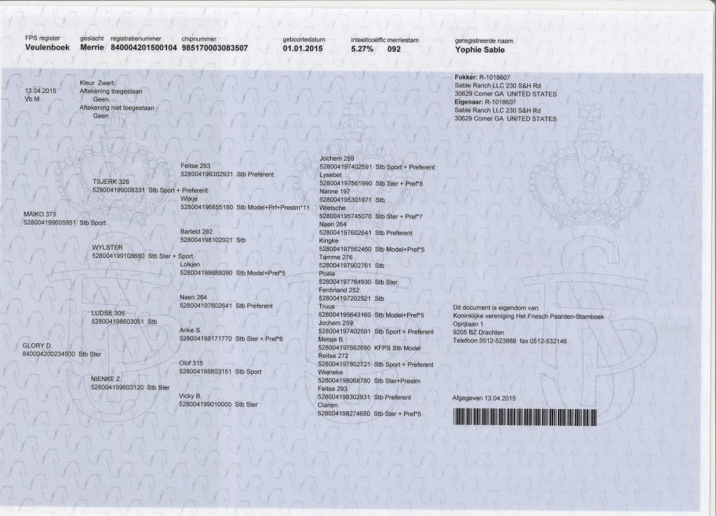 Sable Ranch Friesian Horses KFPS Registration Books Explained