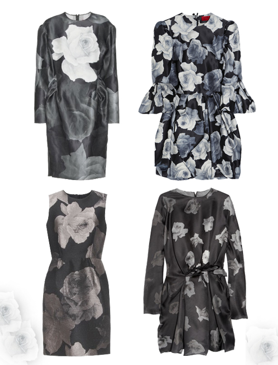 Rose Print Dress w/ Gigot Sleeves, $4,490; Rose All Over Dress, $5,345