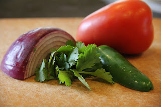 ingredients - red onion, tomato, cilantro, jalapeno