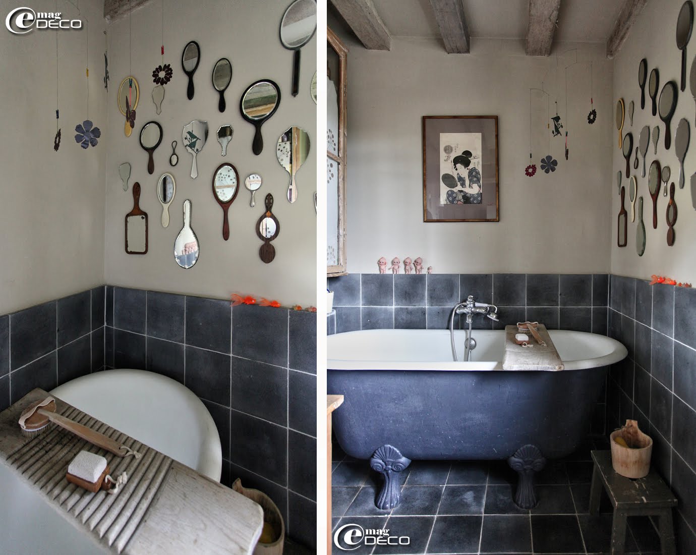 Collection de miroirs face à main, ancienne planche de lavandière détournée en pont de baignoire et mobile floral, création Atelier LZC