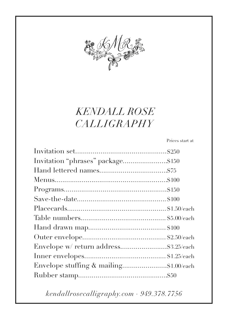 Kendall Rose Calligraphy Price List