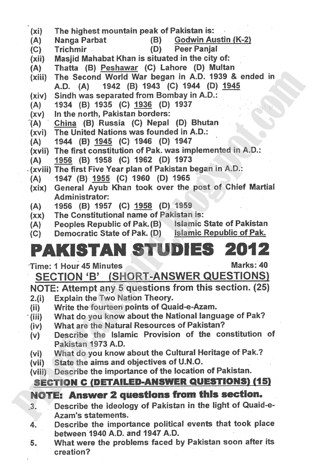 Pakistan-Studies-2012-five-year-paper-class-XII