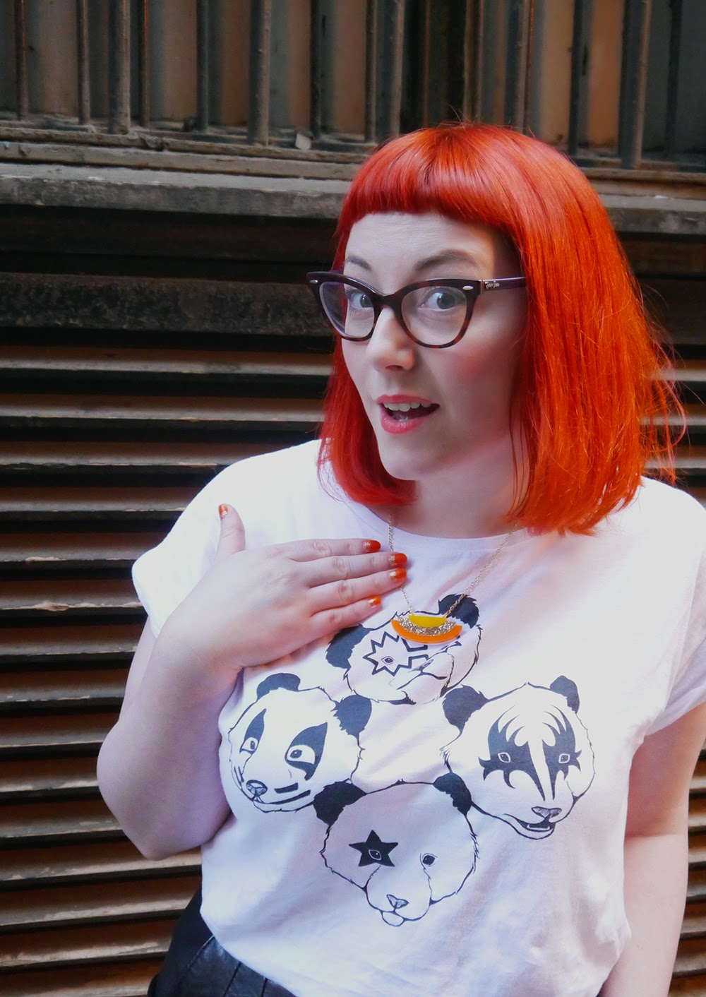 Scot Street Style, Glasgow street style, Scottish Blogger, Edinburgh Blogger, red head style, Brat and Suzie Panda Tshirt, Vintage leather skirt, Duo leopard boots, Sugar and Vice necklace, Glasgow