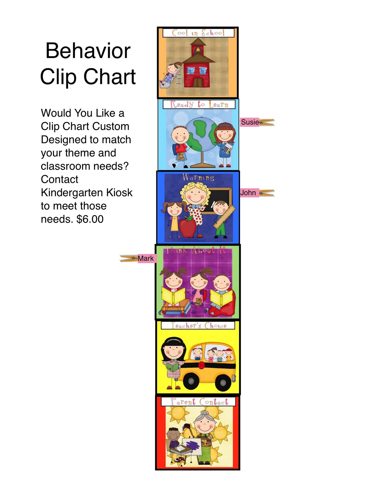 Kindergarten Kiosk Clip Chart or Pocket Chart Behavior Management