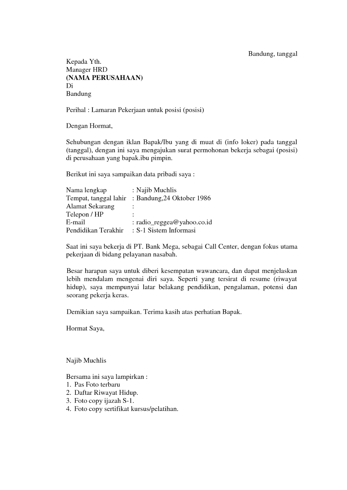 Contoh Surat Lamaran Kerja HRD - ben jobs