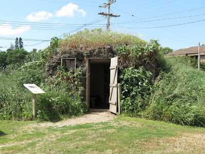 Replica sod house at the Laura Ingalls Wilder Museum, with prairie grasses growing on it.