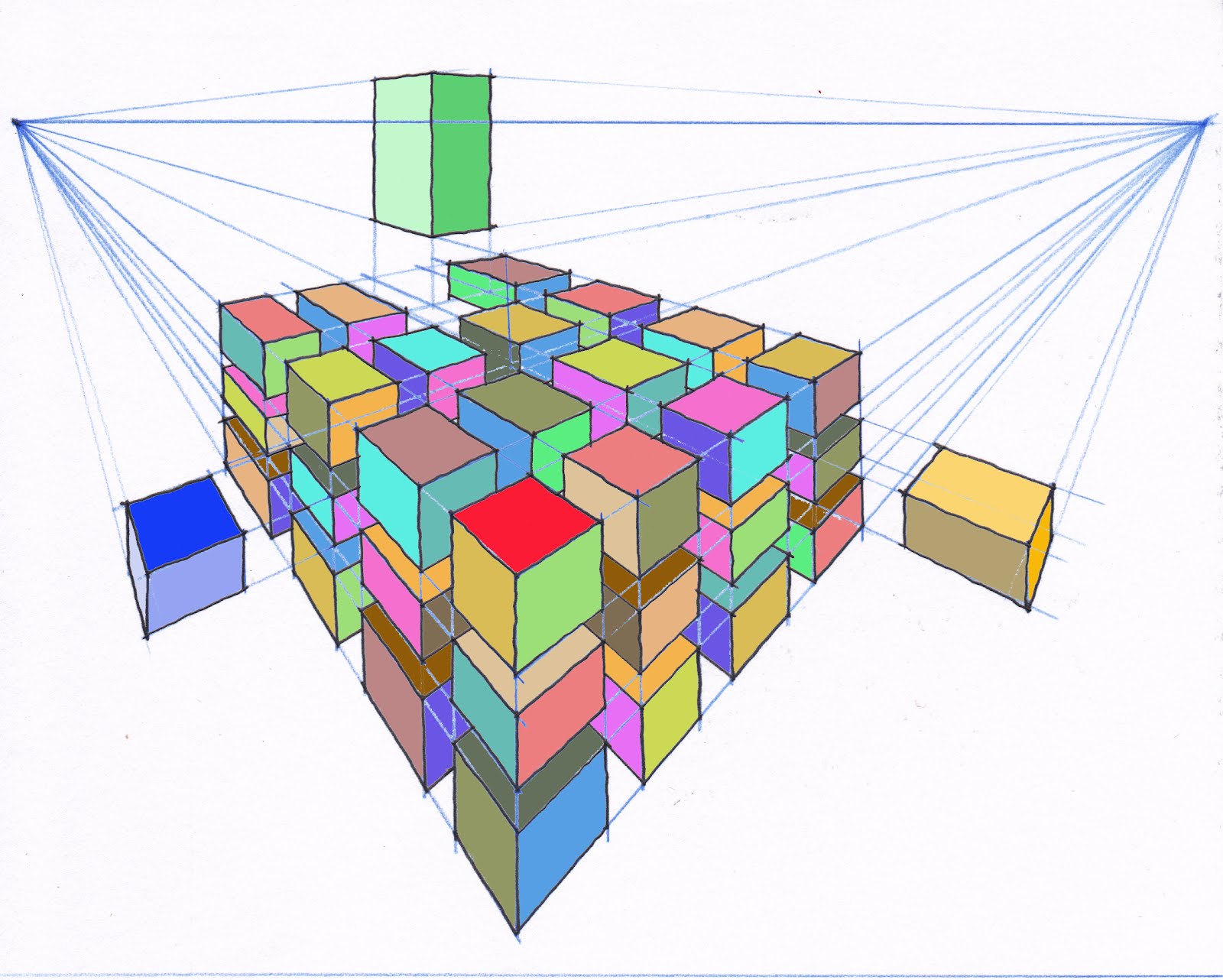 Colourful boxes 230212 two point perspective Learn to draw