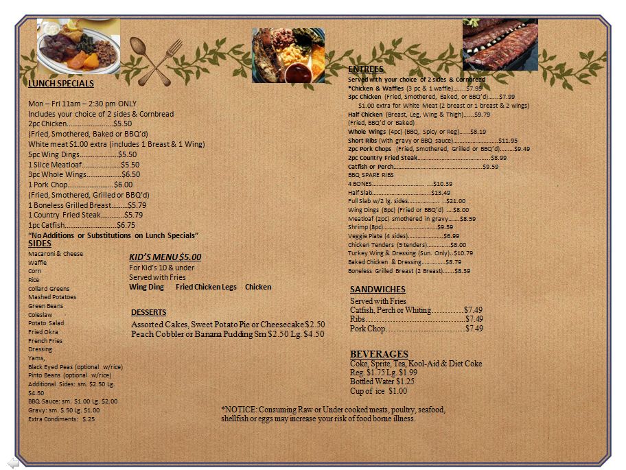 TRACIE'S SOUTHERN COOKING COMBINATION PLATES/ DINNER ENTREE/ LUNCH MENU