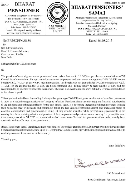 50% D.R. Merger / IR : Bharat Pensioners Samaj writes letter to FM