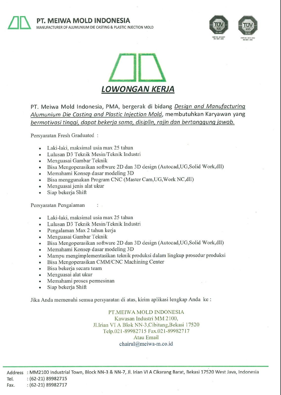 Mari Berbagi: PT.MEIWA MOLD INDONESIA