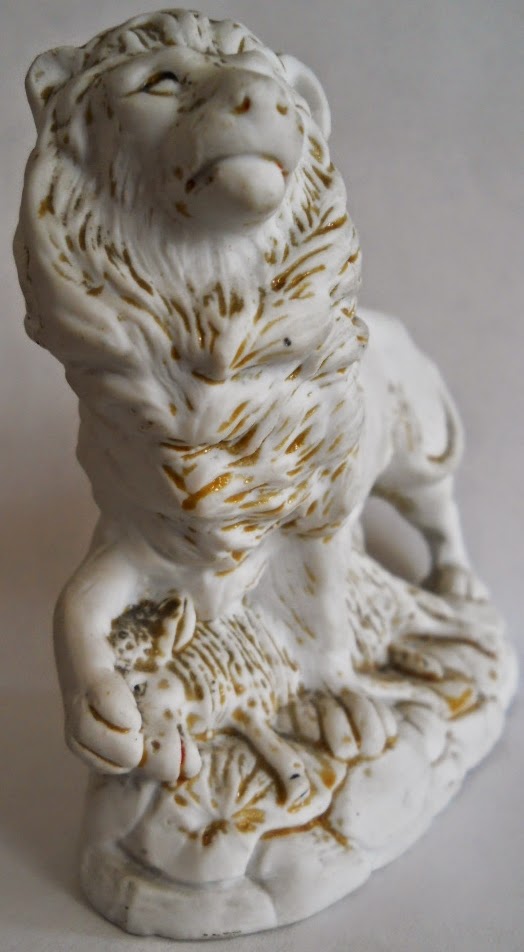 White Lion Figurine with Killed Slain Lamb or Ewe Porcelain Bisque Parian