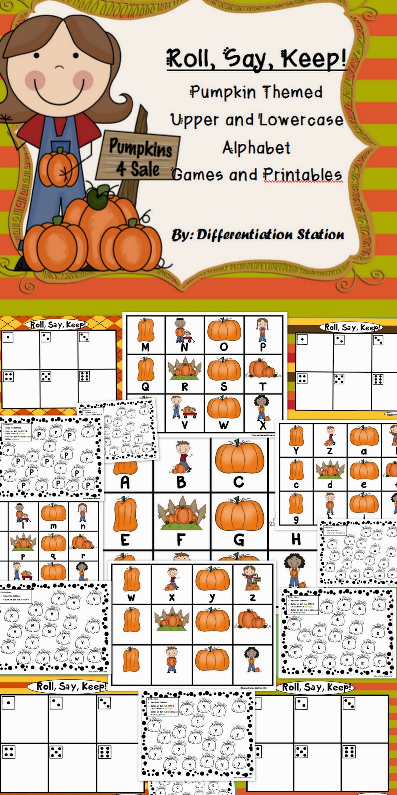 http://www.teacherspayteachers.com/Product/PumpkinFall-Themed-Roll-Say-Keep-Alphabet-Center-Games-and-Printables-908733