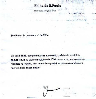 José Serra mentiu: promessa registrada em cartório de que não abandonaria o cargo de prefeito