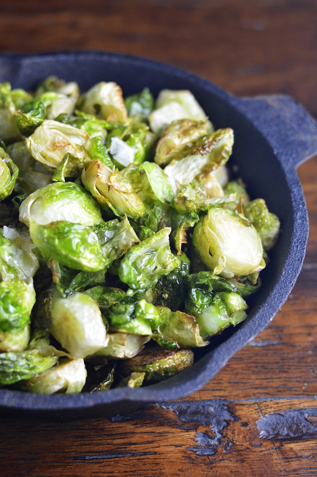 Brussels sprouts are flashed fried and topped with chunky sea salt