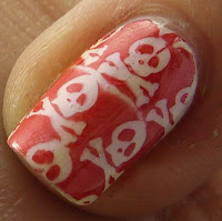 Nail stamping art, pirate red and white theme