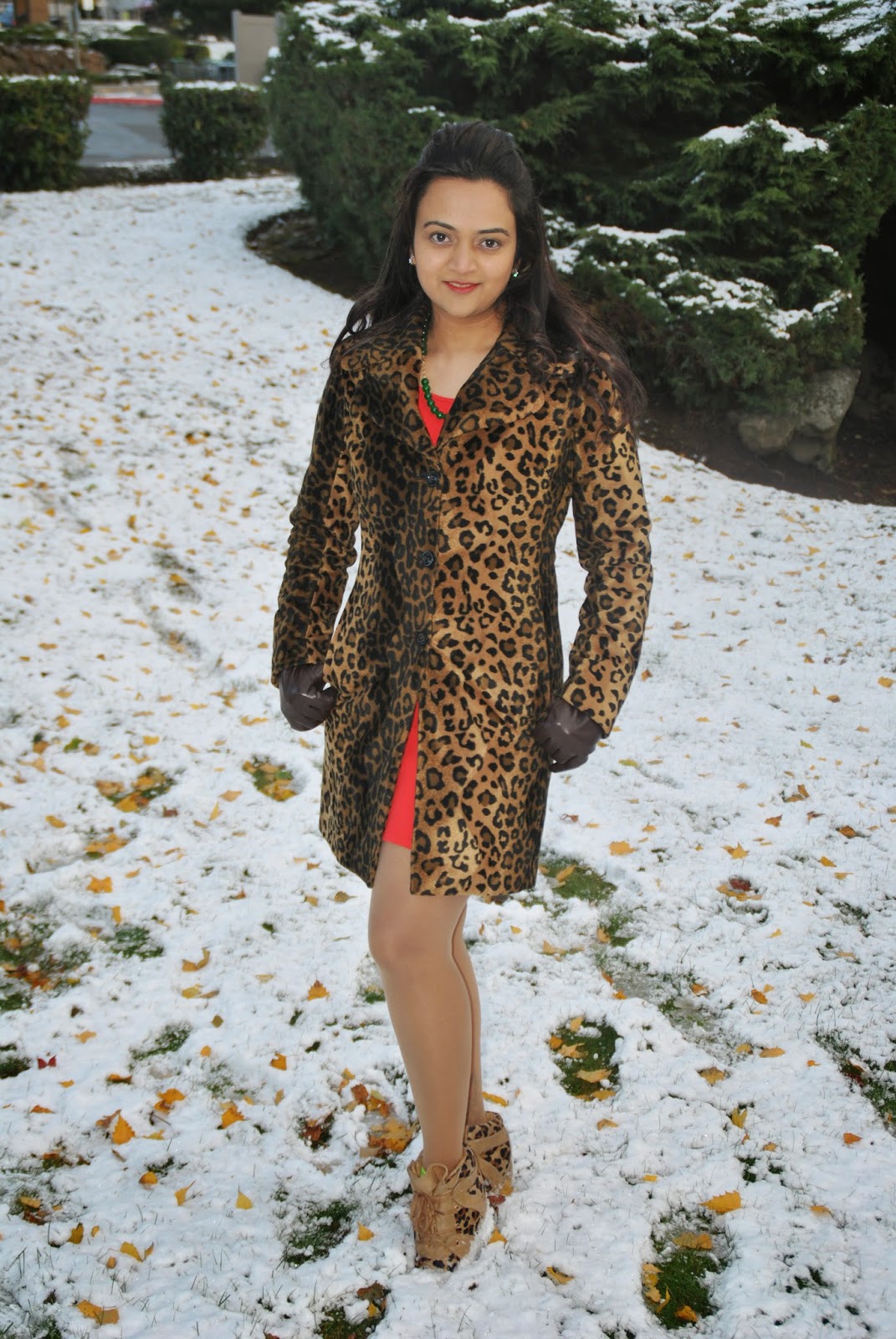 Leopard printed coats, Designer leopard printed jacket, Fashionable leopard prints, Indian Lady with a leopard printed jacket, Seattle winter fashion, beautiful girl in snow 