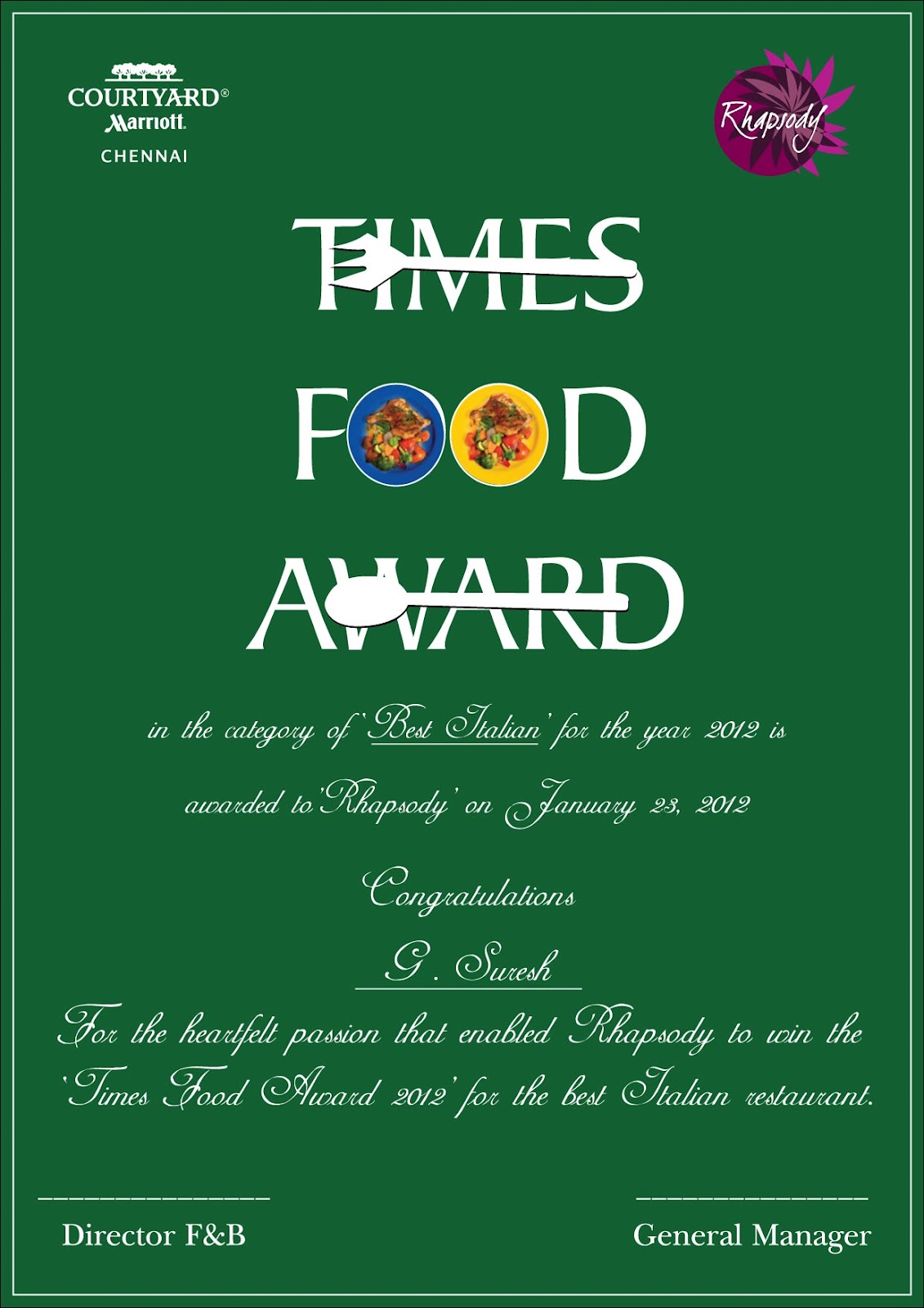 my works Times food Award Certificate