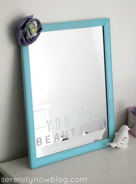 "You Are Beautiful" Stenciled Mirror with Martha Stewart Crafts glass paint, from Serenity Now