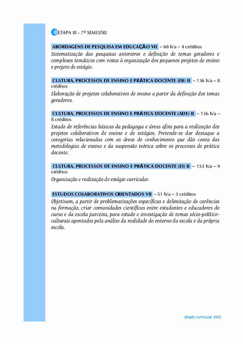 Grade curricular do curso de pedagogia