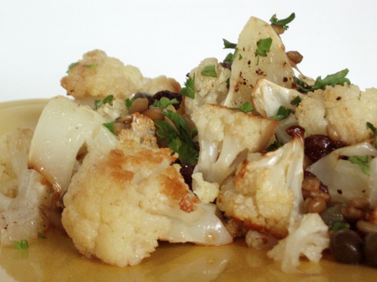 Pass to the Left Roasted Cauliflower with Raisins and Capers