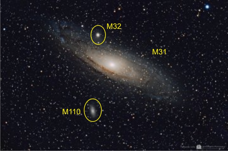 La galaxia Andrómeda con sus respectivos satélites.