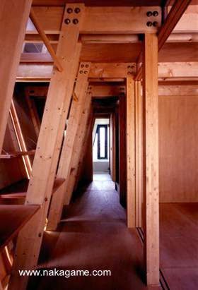Este trayecto a la profundidad para extender la casa Planta baja, pasillo entre la estructura de madera