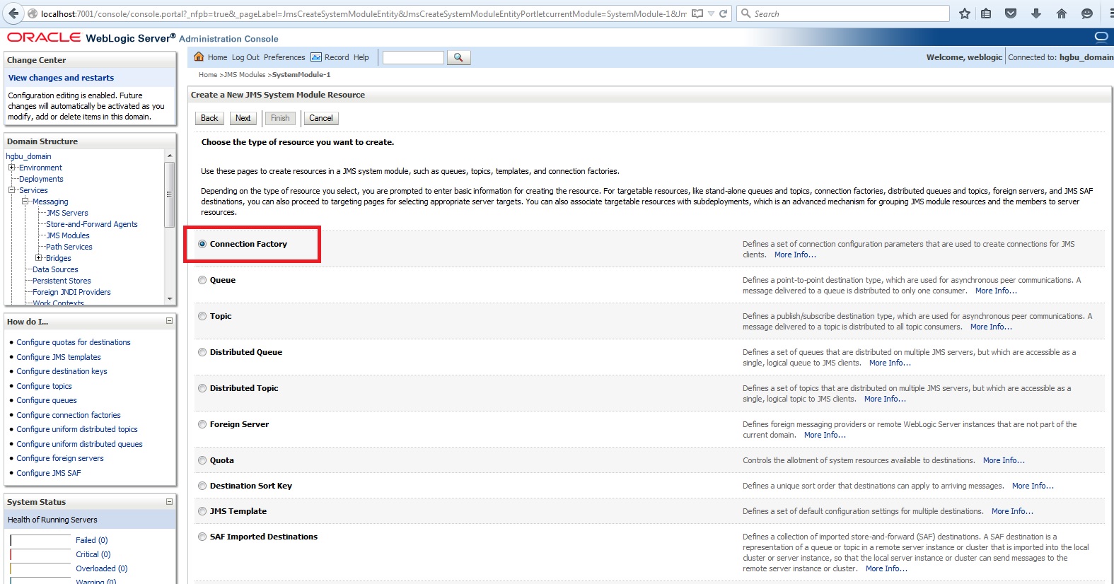 Configuring JMS Server, JMS Module, JMS Connection Factory and JMS