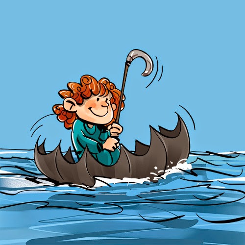 Illustration of a girl in an umbrella sailing on the sea.