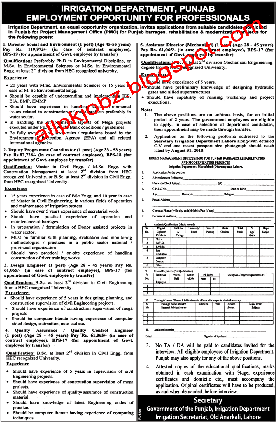 Jobs in Irrigation Department Punjab Jobs in Pakistan,Career in