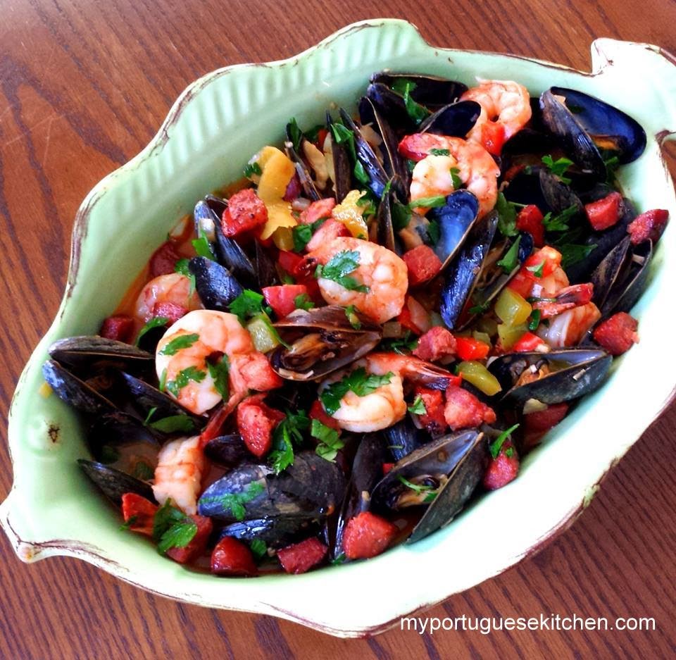 My Portuguese Kitchen Spicy Mussels, Shrimp & Chourico in Wine Broth