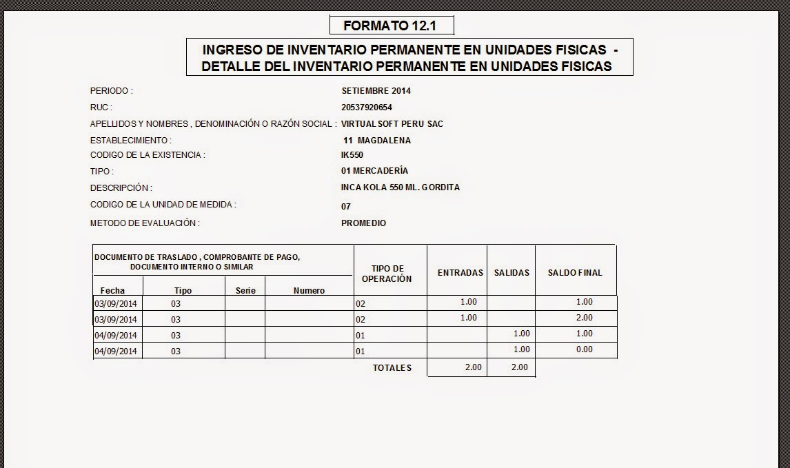 Software para formatos sunat stock permanente 12 y kardex valorizado 13