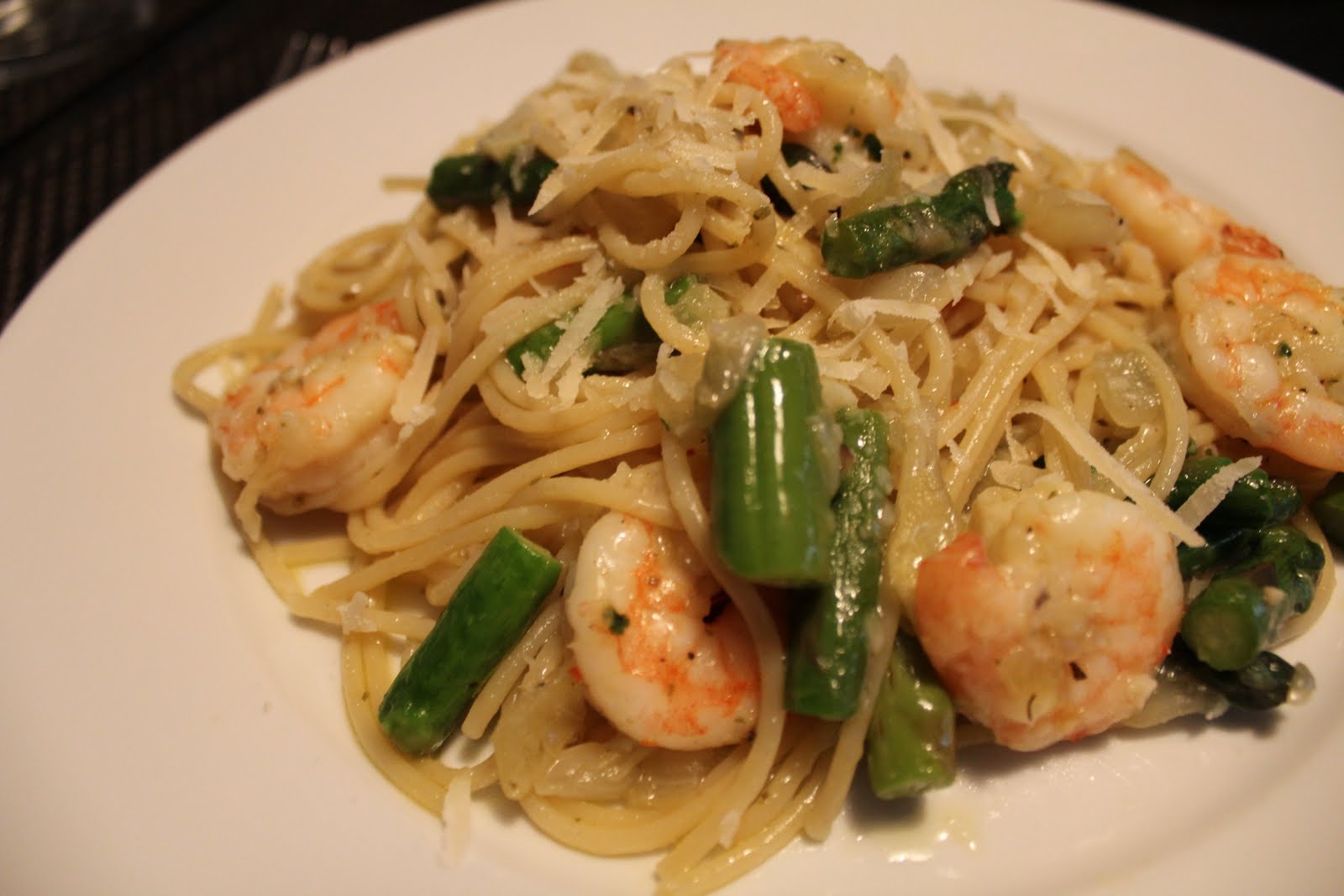 pink peppercorn spaghetti aioli with shrimp and asparagus.