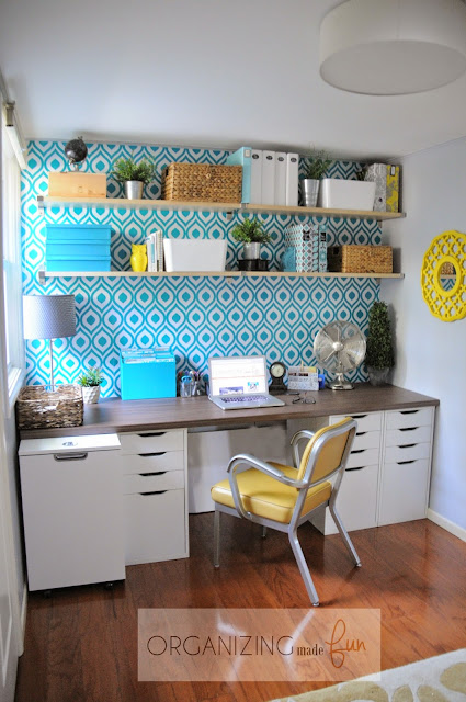 Small home office with a pop of customized {removable} wallpaper :: OrganizingMadeFun.com