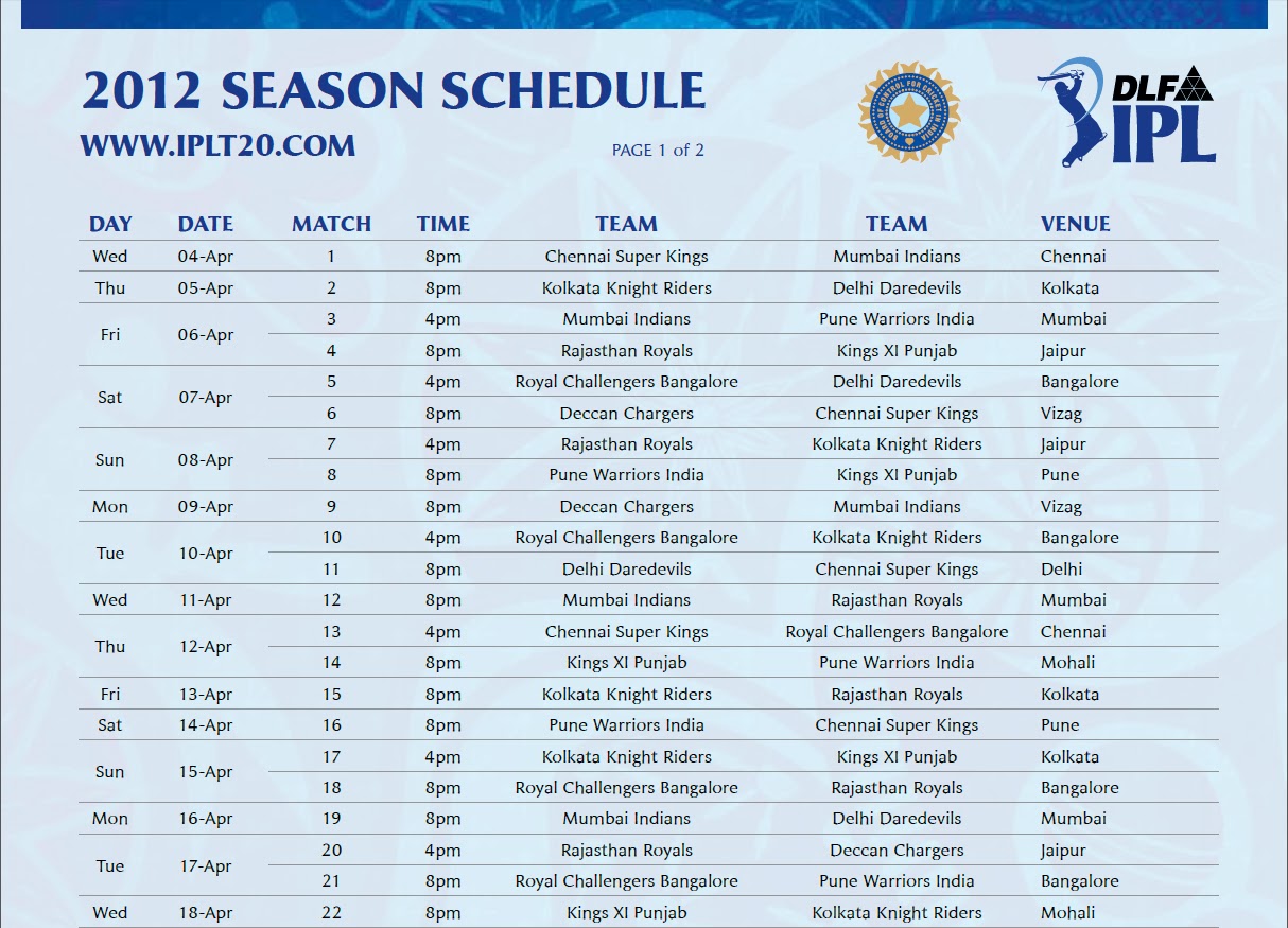 VIEW THE WORLD IPL 2012 SCHEDULE