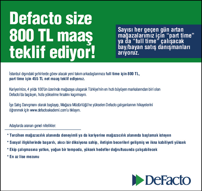 De Facto Full Time 800 Tl Part Time 455 Tl Maas Veriyor Is Basvurusu