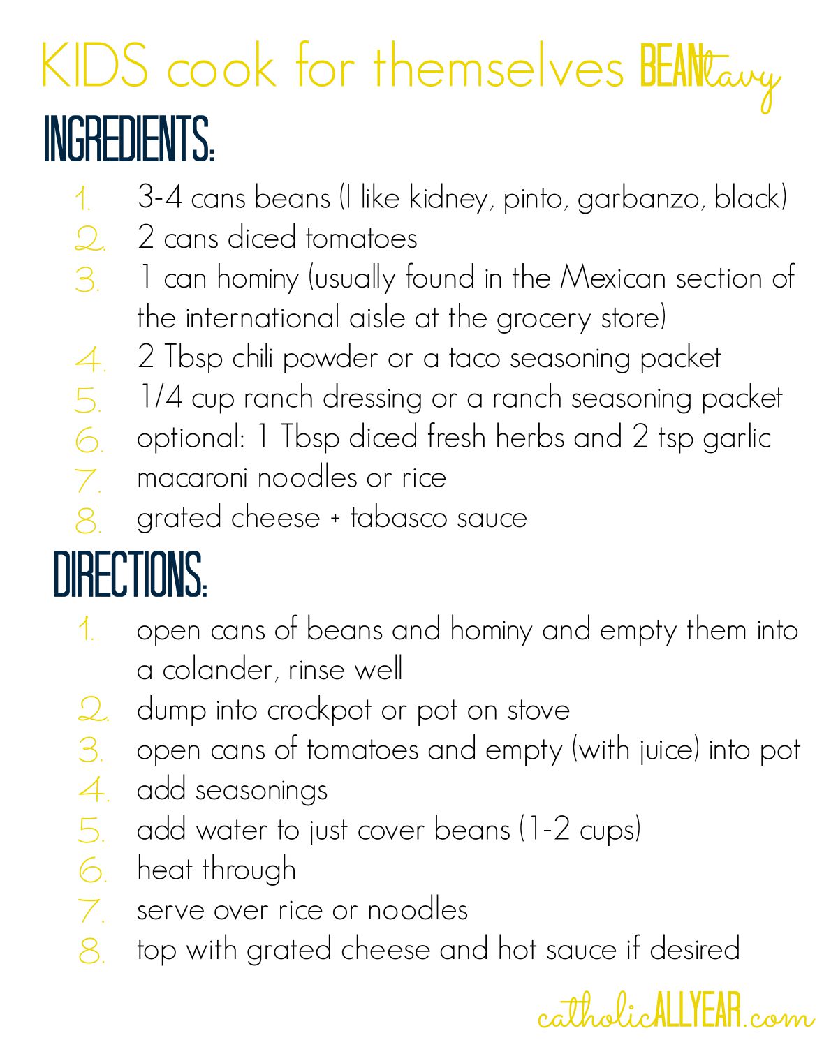 Catholic All Year Kids Cook for Themselves Bean Tavy