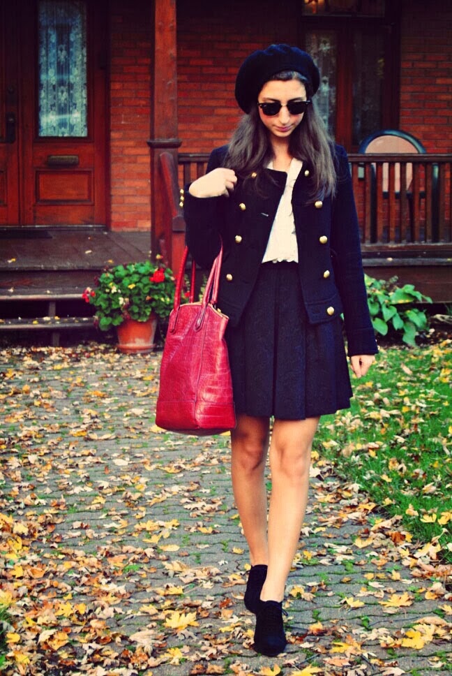 fall fashion red handbag black skirt jacket gold buttons beret 