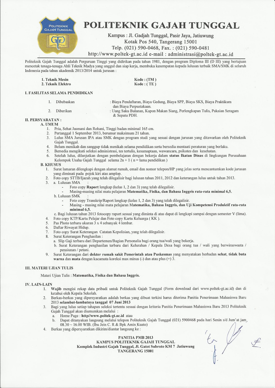 PMB Politeknik Gajah Tunggal Tangerang tahun 2013 Teknik