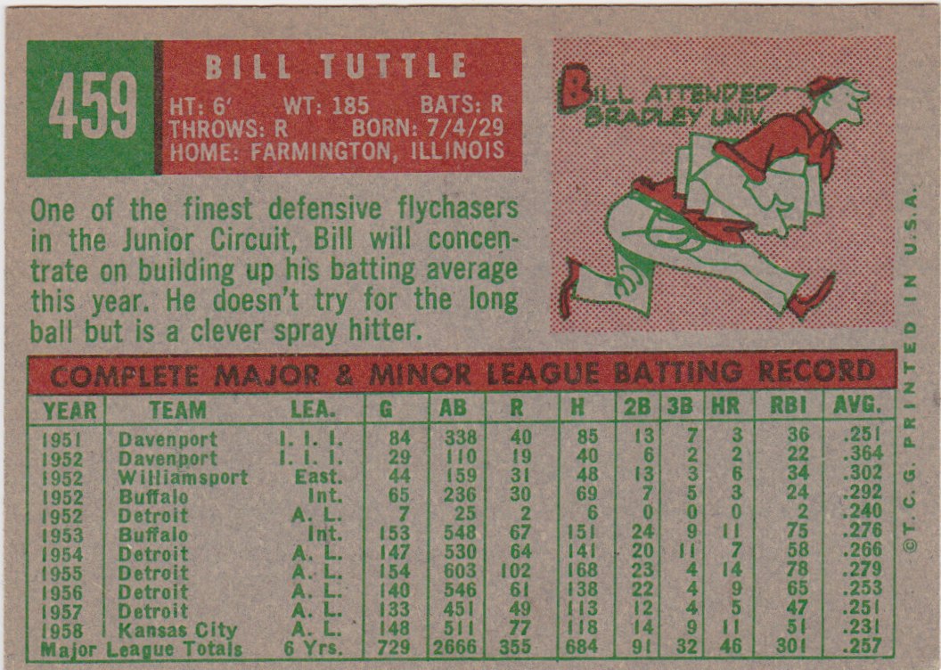 '59 topps one f/g card at a time 459 Bill Tuttle