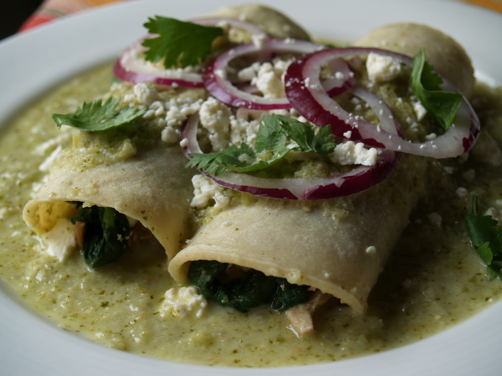 Persimmon and Peach Chicken, Spinach, & Mushroom Verde Enchiladas