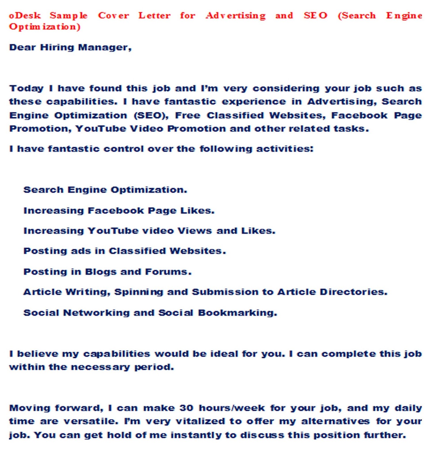 application letter sample odesk cover letter sample seo cover letter