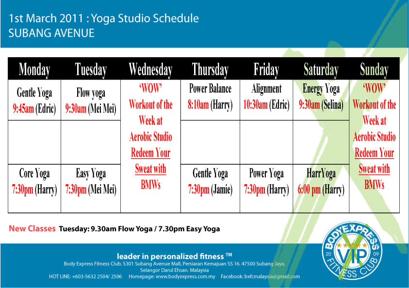 BodyExpress Gymnasium Subang Avenue Yoga Studio Schedule 1st March 2011